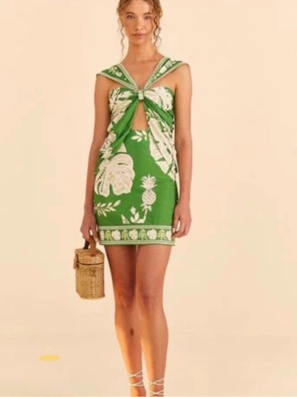 FARM Rio Green Tropical Knot-Front Mini Dress - Picture 1 of 4